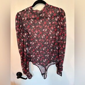 Streetwear Society Red Pink Long Sleeve Sheer Fitted Bodysuit Sz L. #1794